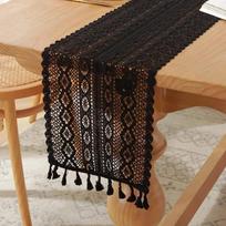 Boho nėrimo nėriniais staltiesė-bėgikas, vintažinė smėlio spalvos, kavos staliukui, šoniniam staliukui, svetainės, miegamojo komodai, skara, dekoras 1 piece&24x100cm juoda