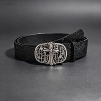 Bohemiškas reljefinis gėlių rašto vyriškas odinis diržas su kryžiaus lydinio tuščiaviduriu dizainu Belt Width 3.8cm, Length 122cm black