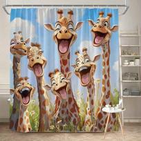 Žirafų dušo užuolaida 180x180cm – Animacinių filmukų oranžinės žirafos mėlyname danguje, žalia žolė, vaikų vonios kambario dekoras, 12 kabliukų 90X180cm(35x70in) gray
