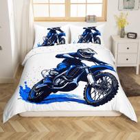 Modernaus stiliaus motociklininko atvaizdo dvigulės lovos patalynės komplektas su užvalkalais pagalvėms 75*50cm, Mikropluošto antklodės užvalkalų komplektas su užtrauktuku 90x200cm-2pcs blue