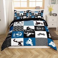 Modernaus stiliaus motociklininko atvaizdo dvigulės lovos patalynės komplektas su užvalkalais pagalvėms 75*50cm, Mikropluošto antklodės užvalkalų komplektas su užtrauktuku 90x200cm-2pcs black