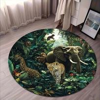 Džiunglių Laukiniai Gyvūnai Apvalus Kilimas Svetainei Miegamajam Dramblys Leopardas Didelis Kilimas Vaikams Namų Dekoras Neslystantis Grindų Kilimėlis Kilimai 120cm x 120cm gray