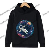 Space astronaut pattern children's hoodie black printed long sleeved sweatshirt boys' favorite hoodie daily warm sports pullover 160 black