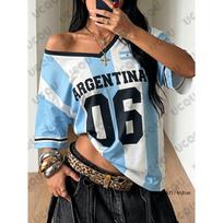 Vasaros Naujas Dryžuotas Argentinos Nr.7 Spausdintas Marškinėliai Moterims Trumpomis Rankovėmis V-Kaklo Sportiniai Marškinėliai Futbolo Džersis Y2K Laisvas Dydžio Viršus S black