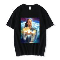 Nicolas Cage Moshi Moshi Jesus Desu T-Shirt Men Funny Meme Picolas Cage Awesome T-shirts Polyester Short Sleeve T Shirt Clothing M gray