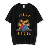 Nicolas Cage Moshi Moshi Jesus Desu T-Shirt Men Funny Meme Picolas Cage Awesome T-shirts Polyester Short Sleeve T Shirt Clothing M black