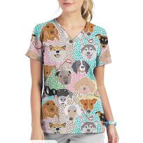 Slaugytojos uniforma Moteriški viršutiniai marškinėliai V formos iškirpte T-shirt Su spausdinta animacinio katino ir šuns viršutine dalimi Uniforma Trumpomis rankovėmis Kišenės Medicininė moteriška slaugytojos uniforma 2XL beige