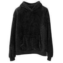 Vyriškas dvipusis vilnos gobtuvas su raišteliu, kengūros kišene, ilgomis rankovėmis, vienspalvis, oversized, laisvalaikio, šiltas, su sherpa gobtuvu, džemperis M juoda