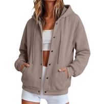 Women's Casual Button-Front Baseball Jacket with Hood and Pockets S chaki
