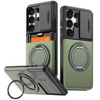 WEFOR tvirtas dėklas Samsung Galaxy S26 S25 S24 S23 S22 Ultra su kortelių laikikliu, pinigine, atrama, slankiojančiu kameros dangteliu, atsparus smūgiams Galaxy S26 Ultra žalia