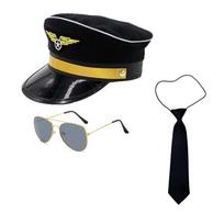 Vaikų piloto kostiumų rinkinys: Skrybėlė, Akiniai, Kaklaraištis, Aksesuarai vaidmenų žaidimui ar vakarėliui. 56 Adjustable black