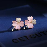 Super Fairy Temperament, Sweet and Fresh Earrings, Trendy S925 Silver Needle Fairy Style Four Leaf Flower Cat's Eye Stone Lucky Grass Earrings blue
