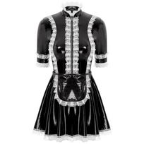 Moteriška PVC odos tarnaitės suknelė su nėriniais ir prijuoste, anime cosplay vaidmenų žaidimų kostiumas S juoda