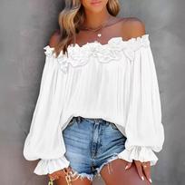 Pavasarinės ir Rudeninės Laisvalaikio Nendrių Lapo Kraštas Off Shoulder Ilgomis Rankovėmis Elegantiško Stiliaus Moteriškos Palaidinės & Marškiniai L balta