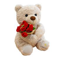 Rožių meškiukas pliušinis žaislas mielas meškiukas laikantis gėlių puokštę dovana Valentino dienai minkštas iškamša 38cm smėlis