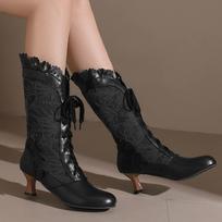 Aukšti platūs blauzdos batai moterims Moteriški vintažiniai batai Nėriniai Vestuviniai Nuotakos Vestuvių Batai Vidutinio blauzdos Užtrauktukas Kostiumas Zapatos Para Mujer 39 juoda