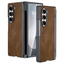 For Samsung Galaxy Z Fold 6 Phone Case With S Pen Holder, Hinge Protector and Screen Protector PU Leather Matte PC-Pink ruda