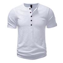 Vyriški margi medvilniniai Henley marškinėliai - Mandarinų apykaklė, atsegama, su sagomis, laisvalaikio, vintažiniai, kasdieniai viršutiniai drabužiai, įvairių vienspalvių M balta