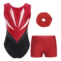 Merginų gimnastikos šokių komplektas, be rankovių, su išpjova nugaroje, blizgantys cirkonio akmenukai, triko, šortai su V formos juosmeniu, plaukų juosta 7-8 Years bordinė