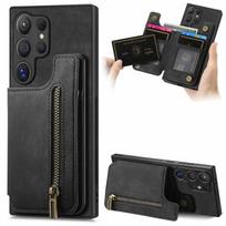 Retro odinis piniginė su užtrauktuku, kortelių ir telefono dėklas, skirtas Samsung Galaxy S25 Edge S24 S23 Ultra S22 Plus S21 S20 FE Note 20 10, atverčiamas dangtelis Samsung S25 black