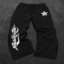 Black Wide Leg Men's Sweatpants Featuring White Tribal Flame Artistic Patterns, Drawstring Waist, Relaxed Fit Street Style Casual Wear L black