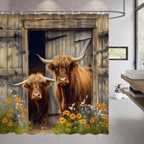 Juokinga fermos karvė dušo užuolaida Rustic medinės durys Highland karvė medinė panelė levandų gėlių audinys kabinamos užuolaidos vonios dekoras W60H190(CM)-1 Pcs black