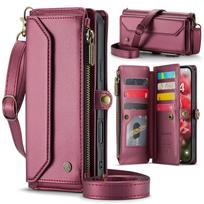 CaseMe (C36) Rankinė piniginė per petį, skirta iPhone 13 14 15 16 Pro Max, su užtrauktuku, riešo dirželiu, daugiafunkcinė, atverčiama, PU oda, kortelių laikiklis, apsauginis dėklas For iPhone 14 vyno raudonos spalvos