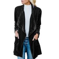 Women's Velvet Longline Open Front Cardigan Coat Lightweight Draped Mid Length Outerwear with Pockets Soft Comfortable Fabric L juoda