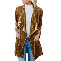 Women's Velvet Longline Open Front Cardigan Coat Lightweight Draped Mid Length Outerwear with Pockets Soft Comfortable Fabric XL geltona