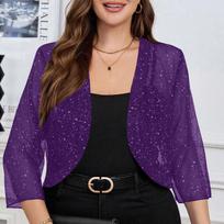 Women's Stretch Mesh Silver Foil Print Three Quarter Sleeve Sun Protection Open Front Cardigan Shirt Jacket Lightweight Cover Up XXL violetinė