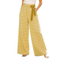 Women Casual Plaid Elastic Waist Wide Leg Pants with Pockets Lightweight Loose Fit Comfortable Trousers for Everyday Wear L raudona