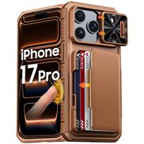 RFID blokavimo piniginės dėklas su kortelių laikikliu, slankiojančiu kameros dangteliu, stoveliu, PC+TPU apsauginis dėklas, skirtas iPhone 17 Pro - Oranžinis auksas