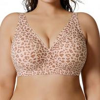 Želė Klijai Leopardinis Raštas Moteriška Liemenėlė Be Lanko Push-Up – Gilus V-Kaklas, Dideli Dydžiai, Formą Pagerinanti 3XL brown