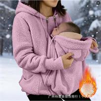 Moterims Fleece su gobtuvu striukė 2 viename nėščiosioms slaugos bliuzonas su nešiokle Hoodie Užtrauktukas Šilta žiemos viršutinė apranga Paltai XXL rožinė