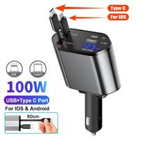 100 W automobilinis įkroviklis USB Type C Super Fast Charge Flash įkrovimas Ištraukiamas kabelinis telefono automobilinis įkroviklis skirtas iPhone Huawei Samsung su įtampos ekranu
