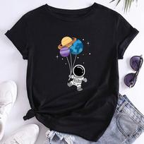 Mada Moterys Miela Astronautas Planeta Spaudinys Marškinėliai Juokingi Kasdieniai O-kaklo Trumpomis Rankovėmis Marškinėliai Vasariniai Moteriški Marškinėliai 8XL juoda
