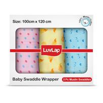 LuvLap 100% Cotton Muslin Baby Swaddle Set, Breathable Newborn Wrap, Soft Dots & Hearts Print, Pack of 3, 120x100cm gray