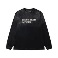 Laiskas atsitiktinis skalbtas rašalinis raidžių spaudos netikra kišenė apvalia kaklo iškirpte ilgomis rankovėmis T-shirt L juoda