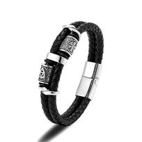 Viking compass Norse Runes Amulet Double-Layer Stainless Steel Men's Leather Bracelet Norse Mythology Jewelry 21cm black