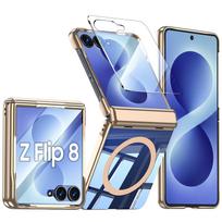 Galaxy Z Flip 8 sulankstomo telefono dėklas su vyrių apsauga, integruotu ekrano apsauginiu stiklu ir kameros apsauga -auksinis auksas