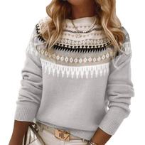 Women's Color Block Geometric Round Neck Pullover Sweater, Loose Fit Casual Knit Top S šviesiai pilka spalva