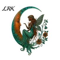 Indoor Outdoor Wall Hanging Metal Fairy on Crescent Moon Art, Vintage Elf Cutout Decor, Country Style Living Room Decor Weatherproof Iron Plaque S brown