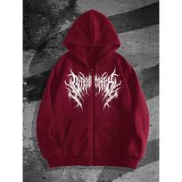 Dark, Symmetrical, Double Layered, Spiky, Thorny, Extreme, Black Metal Font Printed, Fully Zippered Hooded Cardigan, Hoodie, Men's and Women's XL gray