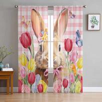 Easter Bunny Tulip Butterfly Plaid Tulle Curtains for Living Room Sheer Curtain for Bedroom Kitchen Blinds Voile Curtains 135W x 114H(cm) white