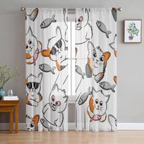 Cat Cartoon Pet Sunglasses Kitty Fish Kitten Doodle Tulle Sheer Curtains for Living Room Kitchen Decor Voile Organza Curtain 135W x 213H(cm) x2