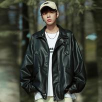 Autumn new leather jacket men's Hong Kong style loose casual sports jacket solid color lapel top men's trend XL black