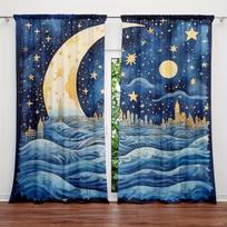 2PCS The Moon in Fairy Tales Printed Curtain for Home Decor-Rod Pocket Window Treatment for Bedroom, Kitchen, Living Room 107cmX213cm X 2pcs