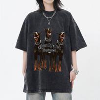Vyriški skalbti marškinėliai Oversized Streetwear Hip Hop Dobermano šuo Grafiniai marškinėliai Medvilniniai marškinėliai trumpomis rankovėmis, sendinti, su defektais S black