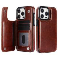 Piniginė Dvigubo užsegimo atlenkiamas odinis dėklas iPhone 16e 16 15 14 13 12 11 Pro Max su kortelių skyriumi ir atrama For iPhone 11Pro ruda