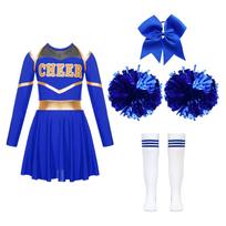 Merginų šokio apranga cheerleadingui, kontrastingos spalvos, su raidžių spauda, atvirais pečiais, užsegama užpakalyje, ilgomis rankovėmis, triko suknelė 7-8 Years blue